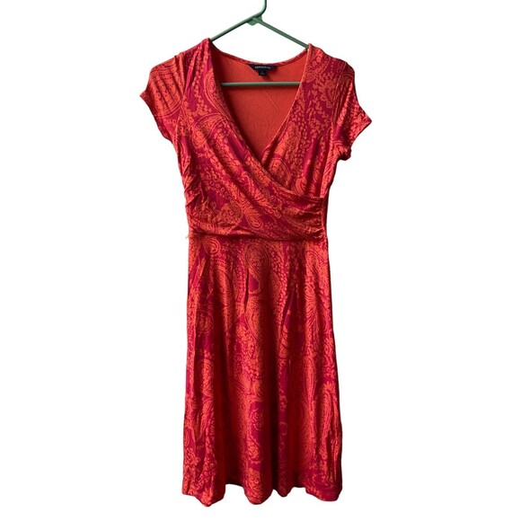 Lands End Size XXSP Orange Red Knit Faux Wrap Knee Length Fit and Flare Dress - Picture 1 of 5